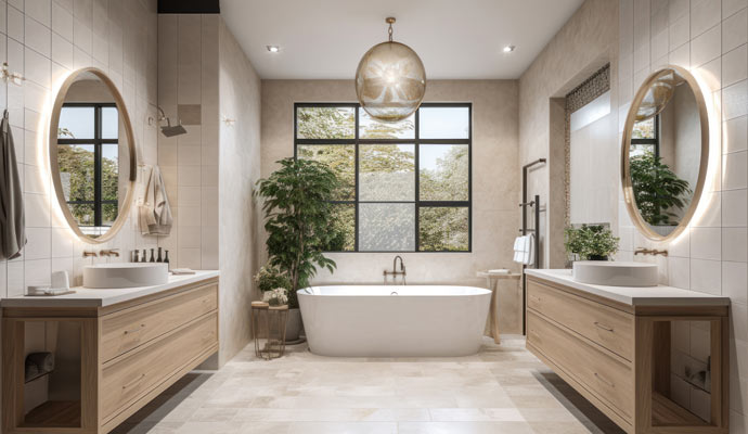 transitional style bathroom with light tiles