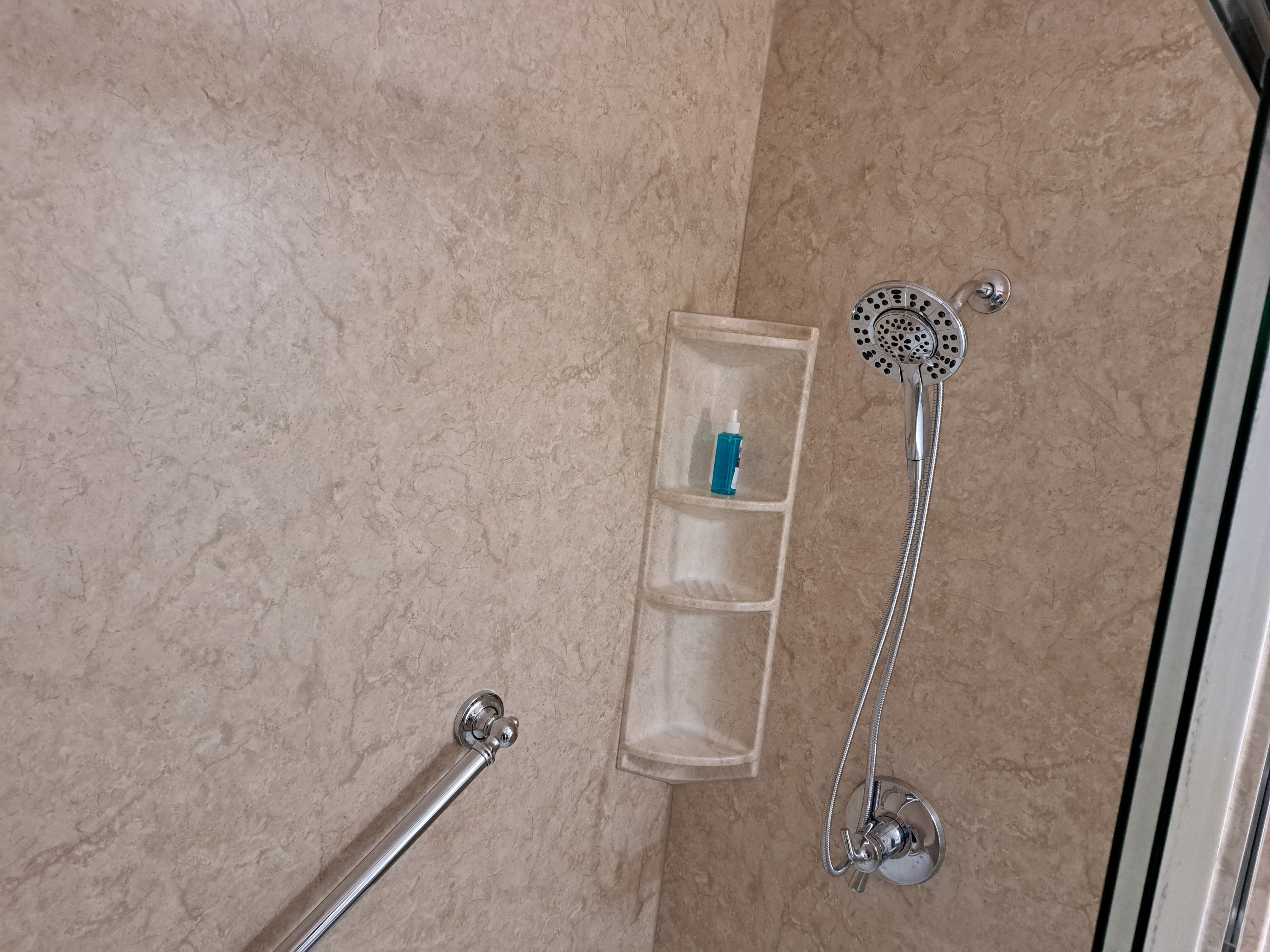 New shower head and shelving