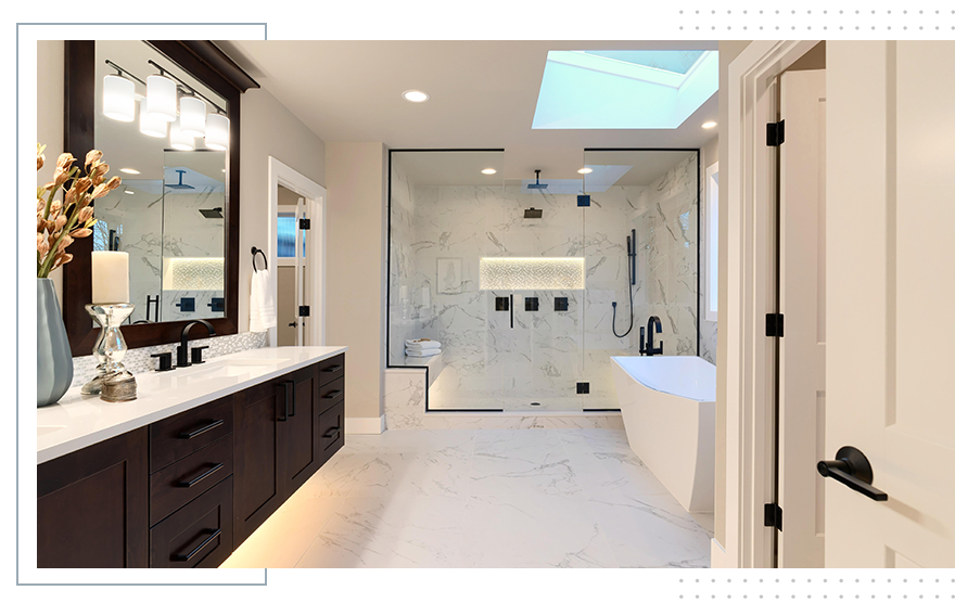 dark brown cabinets white marble walk in shower free standing tub bathroom remodeling