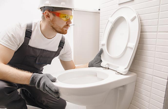 plumber installing toilet bowl in restroom work in bathroom