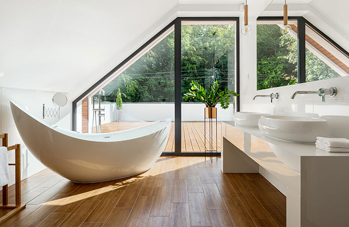 Bathroom remodel with stylish wood flooring for a modern and inviting look.