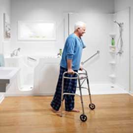 Old man in his crouches walking out of walking tub