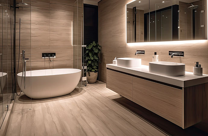 Ensure a waterproof surface for your bathroom floor, combining functionality and style.